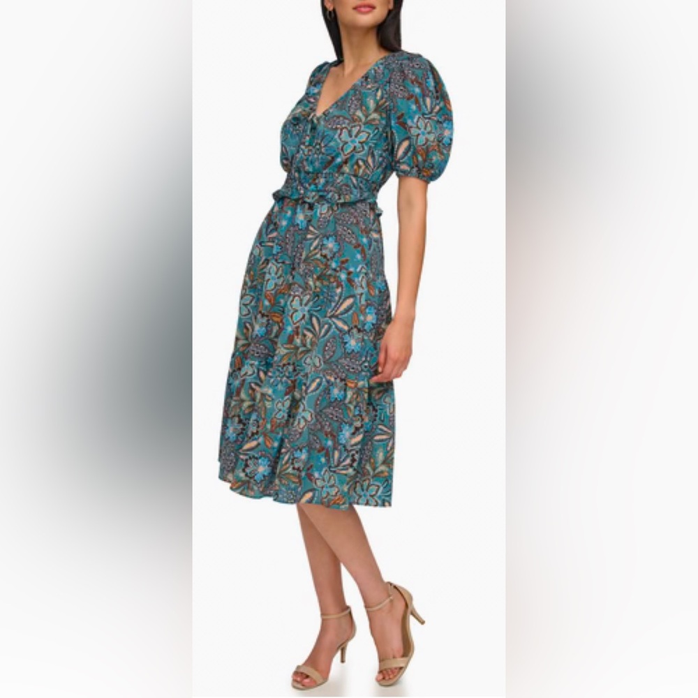 Vince Camuto Smock Waist Midi Dress Teal With Flower Print  & Pockets Size S NEW